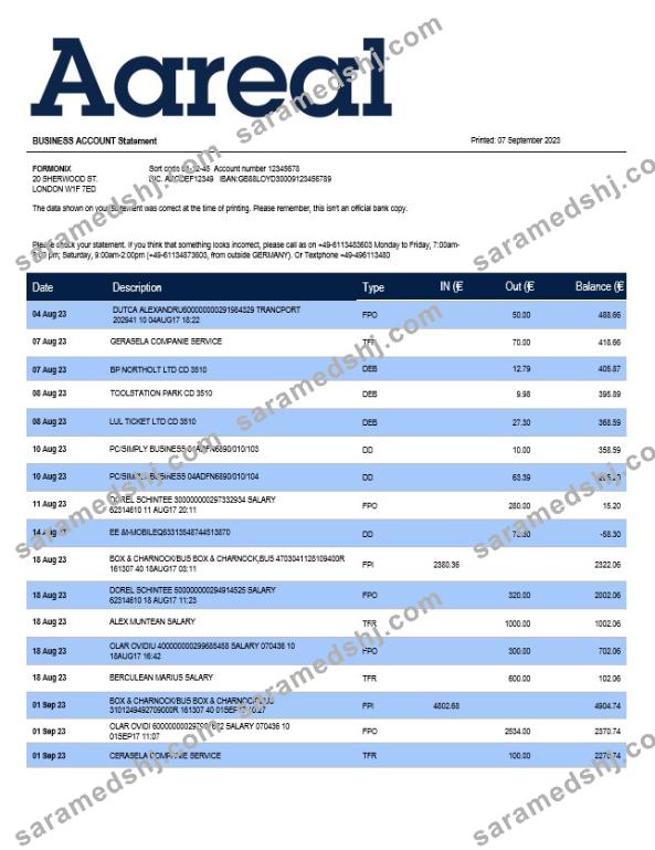 Aareal Bank firm account statement Word and PDF template